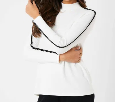 French Kyss Stitch Sleeve Mock Neck Sweater In Ivory/black In White