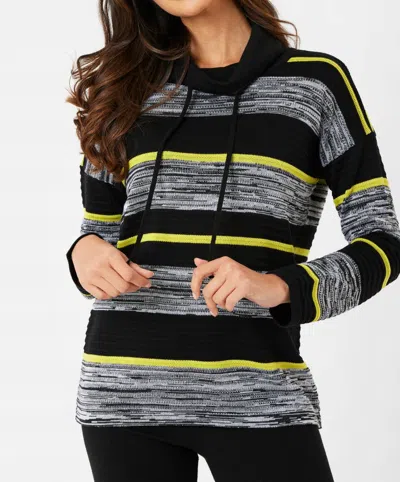 French Kyss Striped Drawstring Cowl Neck Sweater In Lime Multi In Black