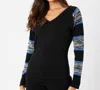 French Kyss Two Tone Sleeve V-neck Top In Black/denim In Multi