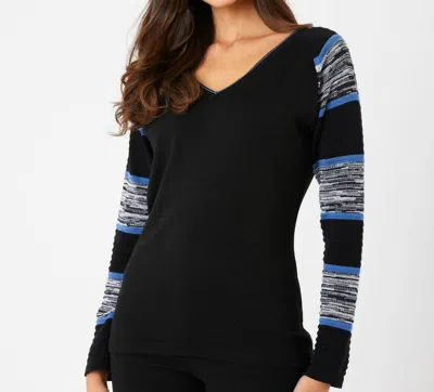 French Kyss Two Tone Sleeve V-neck Top In Black/denim In Multi