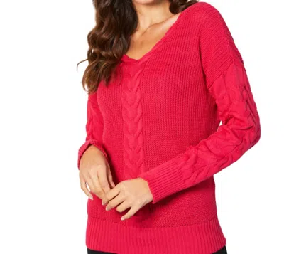 French Kyss V-neck Cable Knit Sweater In Rose In Red