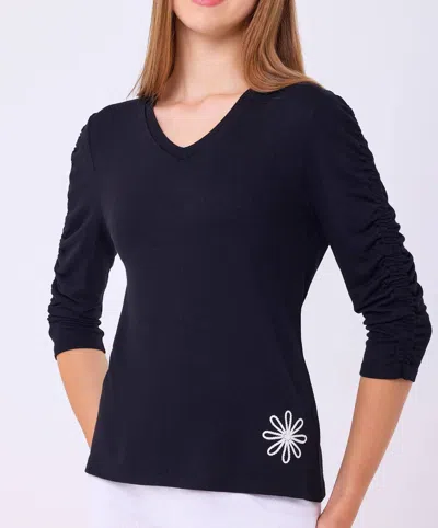 French Kyss V-neck Top With Flower In Black/ivory In Blue