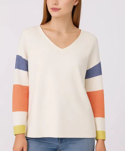 French Kyss V-neck With Stripe Sleeve Top In Ivory/multi In Neutral