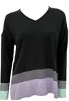 French Kyss Women's Ombre 3/4 V-neck Top In Black/lilac/mist In Black