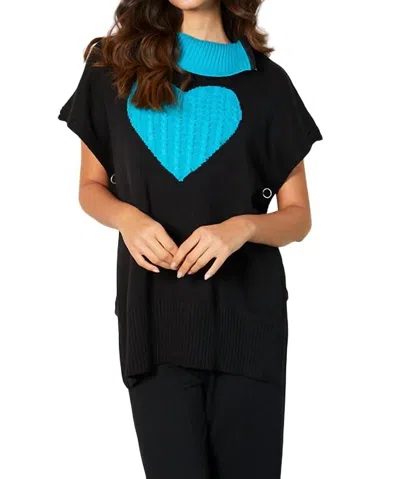 French Kyss Zip Cowl Neck Heart Poncho In Black/turquoise