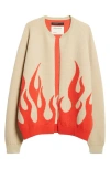 Frenckenberger X Sylvie Fleury Flames Jacquard Cashmere Bomber Cardigan In Faded Beige/faded Red Flames