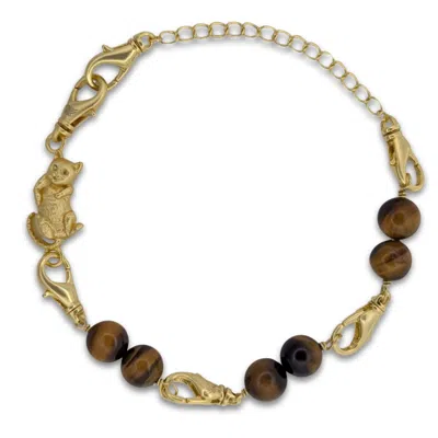 Frenvyrn Men's Gold / Brown Cat Convertible Tiger's Eye Bracelet Bag Charm Medium