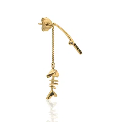 Frenvyrn Men's Gold Vermeil Mars Fishin' Fish Bone Dangle Single Earring For Left Ear
