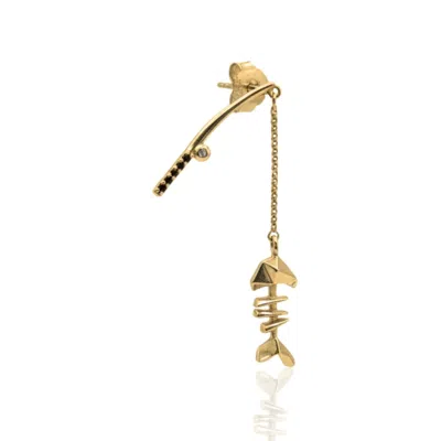 Frenvyrn Men's Gold Vermeil Mars Fishin' Fish Bone Dangle Single Earring For Right Ear