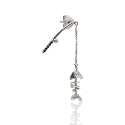 Frenvyrn Men's Sterling Silver Mars Fishin' Fish Bone Dangle Single Earring For Right Ear In Metallic