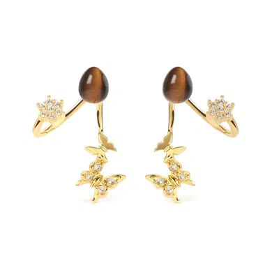 Freqnc Atelier Women's Brown Butterfly Earrings Tiger Eye Ear Jackets