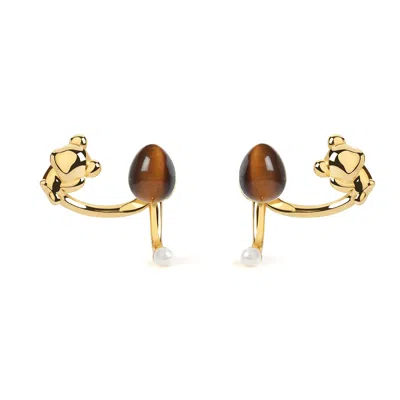 Freqnc Atelier Women's Brown Cuddly Bear Earrings Tiger Eye Ear Jackets