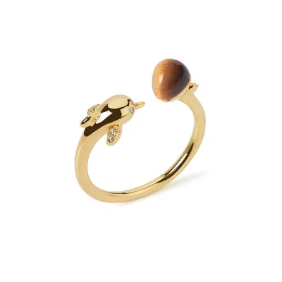 Freqnc Atelier Women's Brown Dolphin Ring Tiger Eye Adjustable