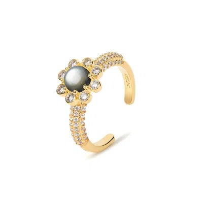 Freqnc Atelier Women's Eight Petals Ring - Gold - Black Mother Of Pearl