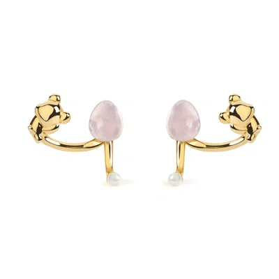 Freqnc Atelier Women's Pink Cuddly Bear Earrings Rose Quartz Ear Jackets