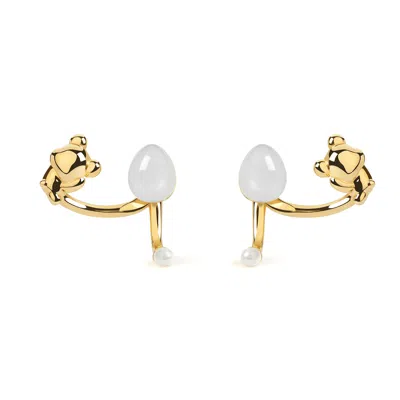 Freqnc Atelier Women's White Cuddly Bear Earrings Moonstone Ear Jackets