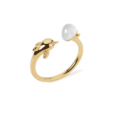 Freqnc Atelier Women's White Dolphin Ring Moonstone Adjustable