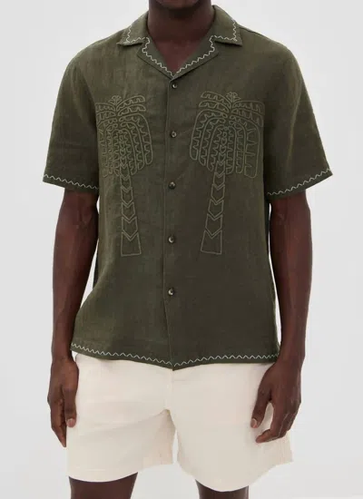 Frescobal Carioca Flavio Palmeira Embroidered Linen Shirt In Dark Olive In Green