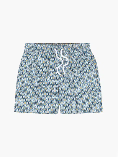 Frescobol Carioca Angra Deco Sport Swim Shorts In White & Chateau Blue & Gold & Ocean Blue