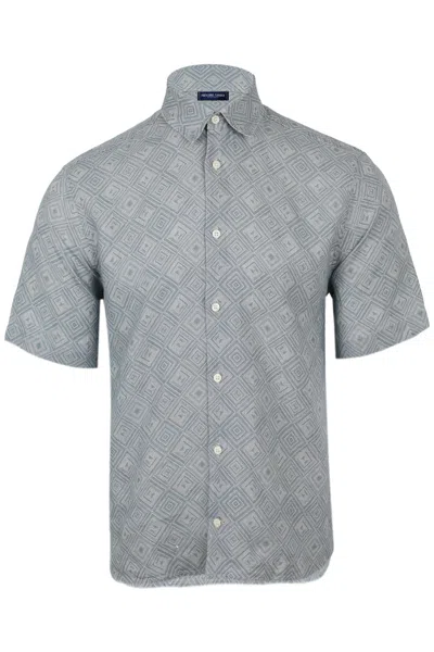 Frescobol Carioca Castro Linen Shirt Angra Madeira Print Coastal Blue In Gray