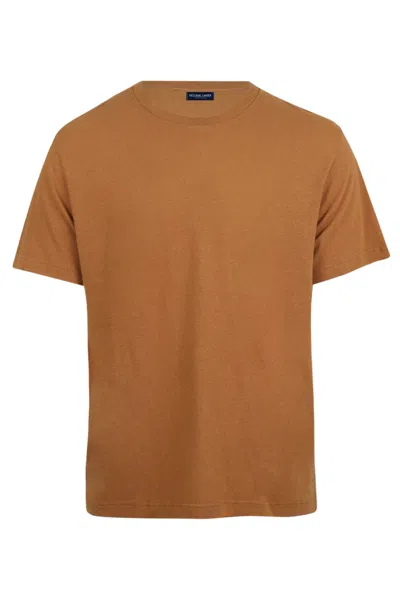 Frescobol Carioca Dinis Linen Blend Linear Floral Printed Tee Almond In Brown