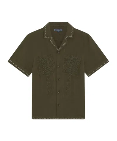 Frescobol Carioca Flavio Embroidered Linen Shirt In Dark Olive