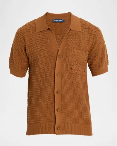 Frescobol Carioca Men's Cesar Crochet Stripe Short-sleeve Shirt In Brown