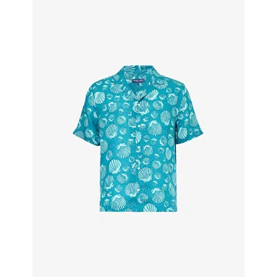 Frescobol Carioca Graphic-print Regular-fit Linen Shirt In Peacock Blue &club Green
