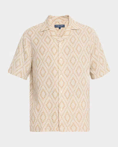 Frescobol Carioca Men's Roberto Linen Angra Raffia-print Camp Shirt In Neutral