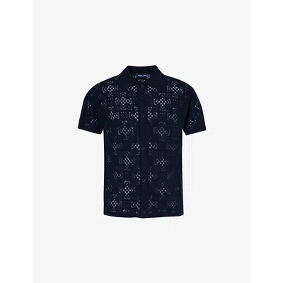 Frescobol Carioca Mens Vy Raul Relaxed-fit Cotton-crochet Polo Shirt In Navy
