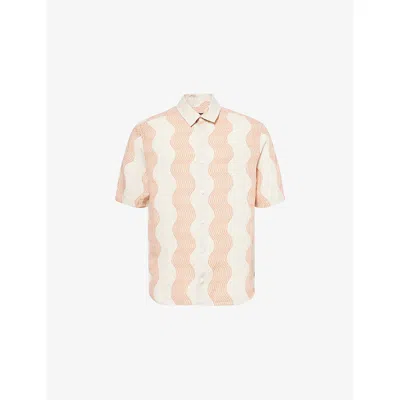 Frescobol Carioca Mens Ecru & Coral Rose Antonio Long-sleeve Linen Shirt