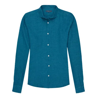 Frescobol Carioca Mens Linen Shirt In Deep Sea Green In Blue