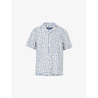 Frescobol Carioca Mens Roberto Graphic-pattern Short-sleeve Linen Shirt Denim Blue Xxl