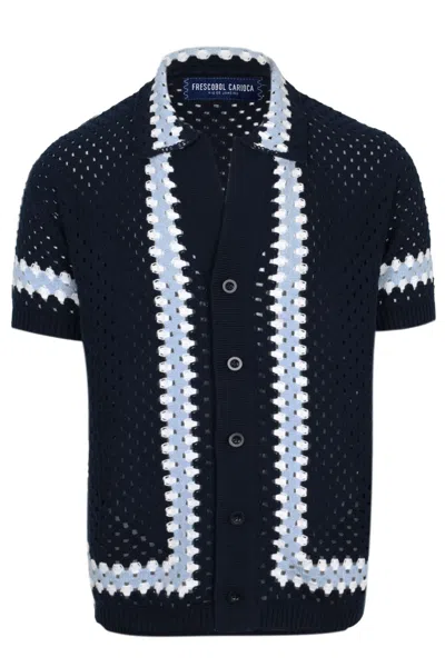 Frescobol Carioca Pinto Cotton Crochet Cardigan Navy In Blue