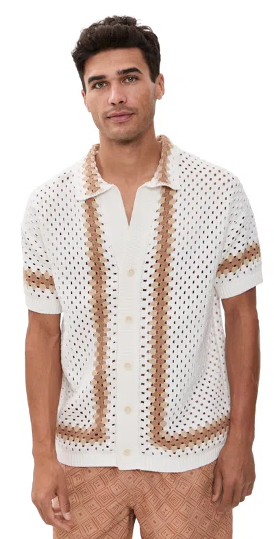 Frescobol Carioca Pinto Cotton Short Sleeve Crochet Cardigan Ivory In Multi