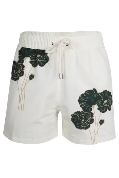 Frescobol Carioca Rio Swim Short Linear Floral Print Ivory And Evergreen In White