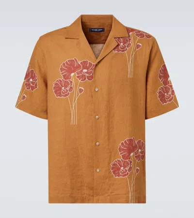 Frescobol Carioca Roberto Floral Linen Bowling Shirt In Brown