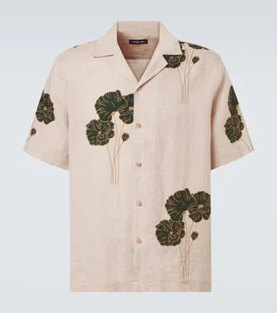 Frescobol Carioca Roberto Floral Linen Bowling Shirt In Beige