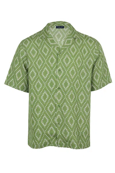 Frescobol Carioca Roberto Linen Shirt Angra Raffia Print Parakeet Green