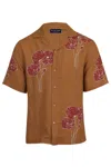 Frescobol Carioca Roberto Linen Shirt Linear Floral Print Almond And Coral Rose In Brown