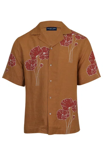 Frescobol Carioca Roberto Linen Shirt Linear Floral Print Almond And Coral Rose In Brown