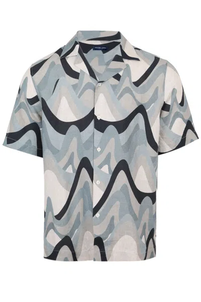 Frescobol Carioca Roberto Linen Shirt Montahna Print Coastal Blue In Gray
