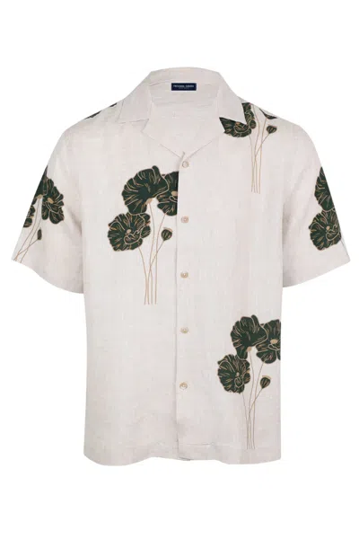 Frescobol Carioca Roberto Linen Short Linear Floral Print Ecru And Evergreen In White