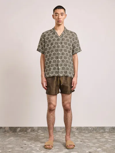 Frescobol Carioca Roberto Palmeira Printed Linen Shirt Dark Olive In Multi