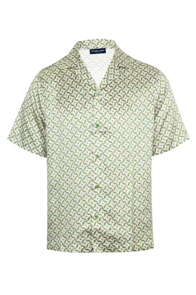 Frescobol Carioca Roberto Silk Shirt Lotus Print Ivory And Parakeet Green