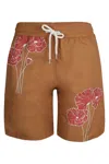 Frescobol Carioca Santos Swim Short Linear Floral Print Almond And Coral Rose In Brown