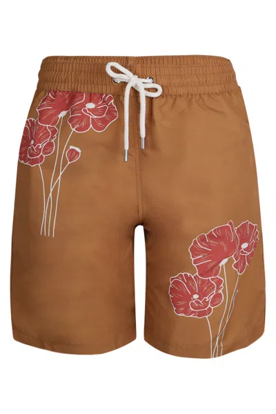 Frescobol Carioca Santos Swim Short Linear Floral Print Almond And Coral Rose In Brown