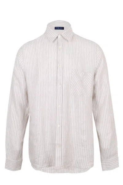 Frescobol Carioca Telles Linen Striped Shirt Long Sleeve Khaki In White