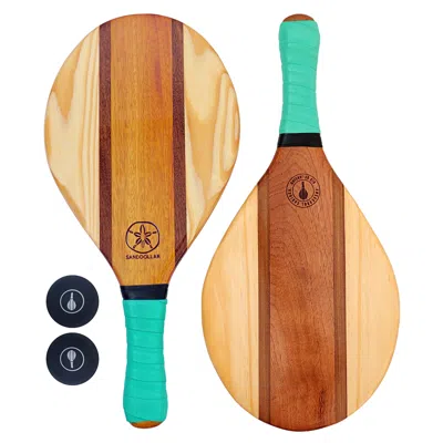 Frescobol Carioca Trancoso Beach Bat Set | Handmade Waterproof Luxury Wooden Bats And Balls | Leaf Green Neoprene Grip In Multi