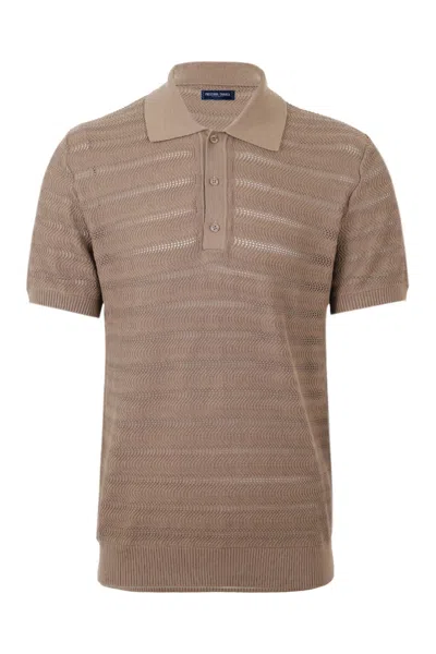 Frescobol Carioca Vidal Cotton Jacquard Wave Buttoned Polo Khaki In Brown